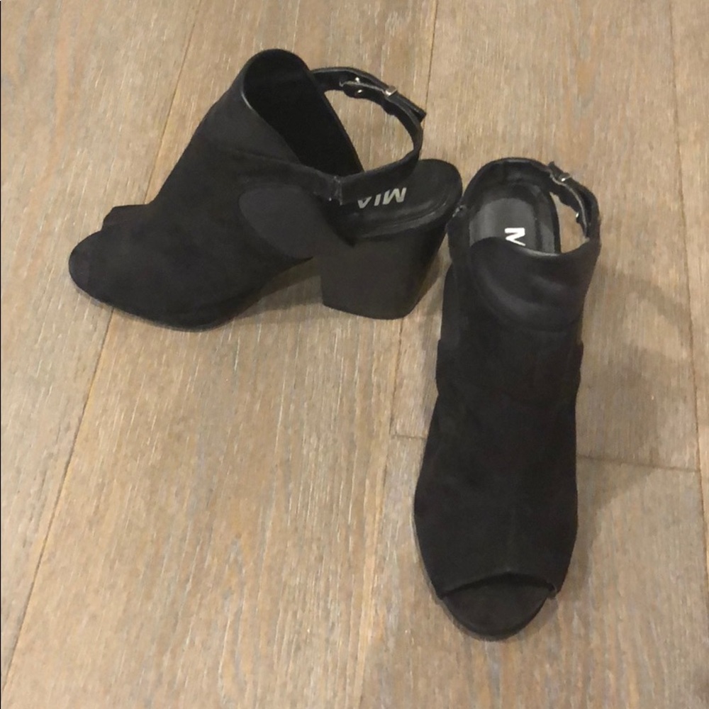 Black suede peep toe mules